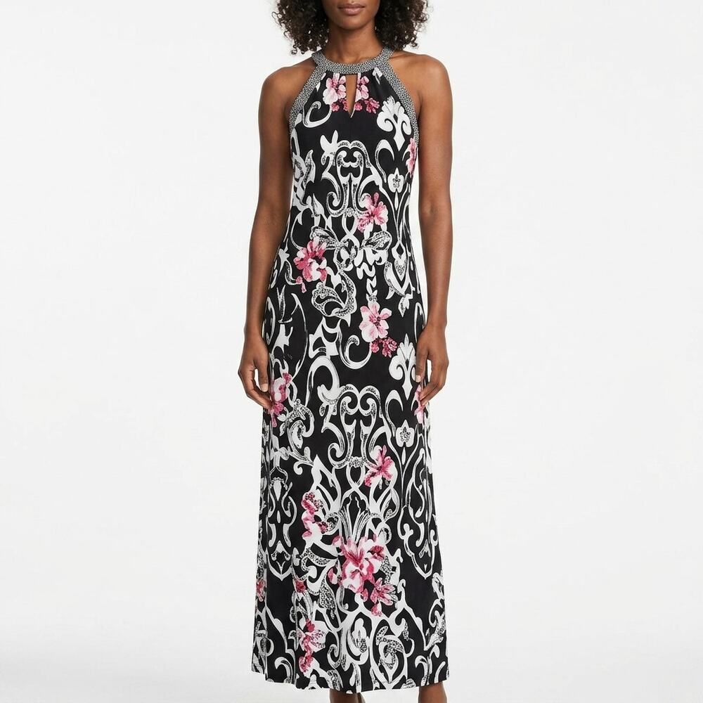 White House Black Market Black Floral Halter Maxi Dress with Pink Accents